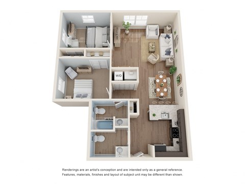 Floor plan for 2 beds, 1.5 baths, 972 sqft